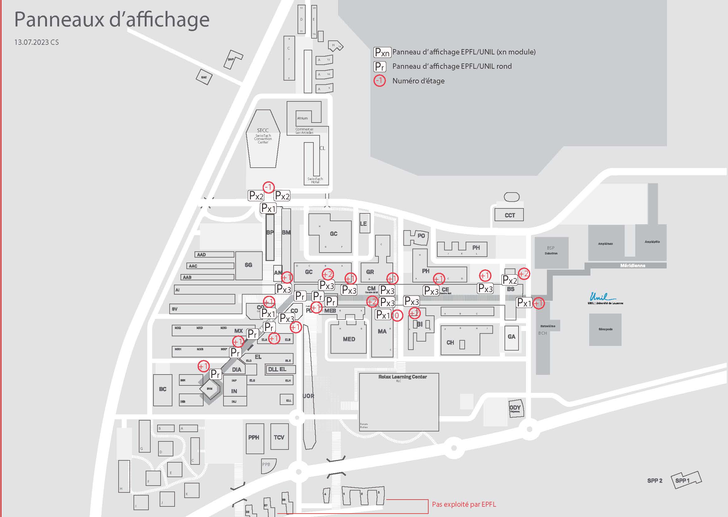Plan des panneaux d'affichage sur le campus